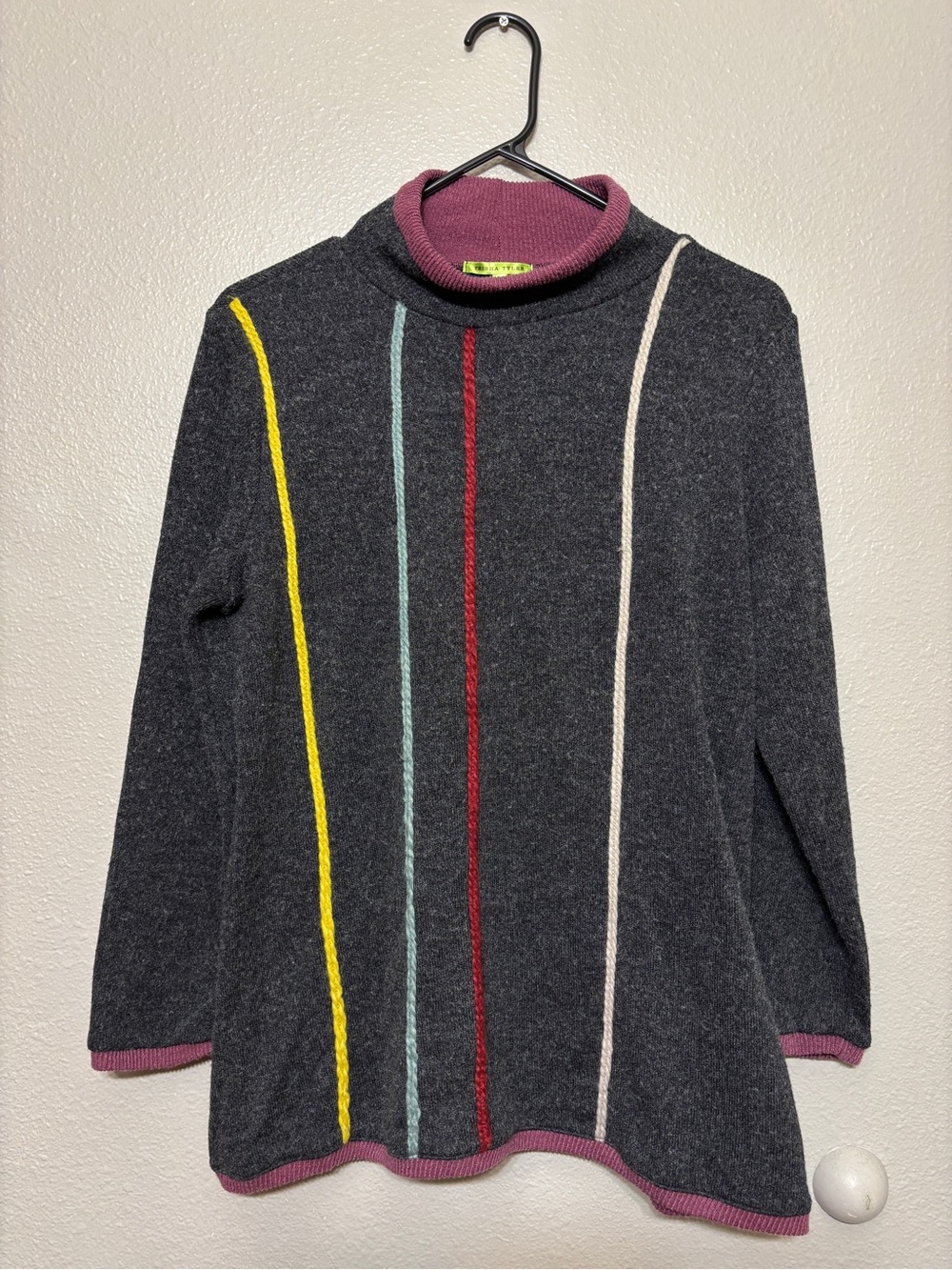 Vintage Trisha Tyler Charcoal Knit Mock Neck Sweater - Multicolor Cable Details